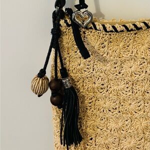 Brighton Raffia Crossbody Woven Purse Leather Strap, 4 Charms, 13”x 10.5” X 1.5
